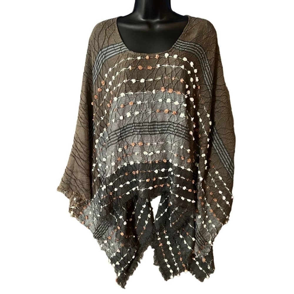 Demdaco women's brown & gray pullover poncho top One Size lightweight, embellish